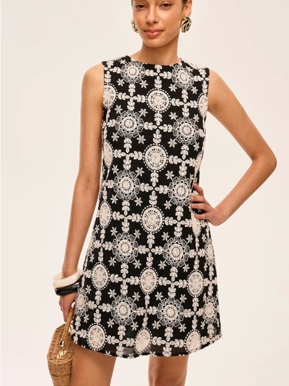 Commense Black Dress with Cream Lace Medallion Detail